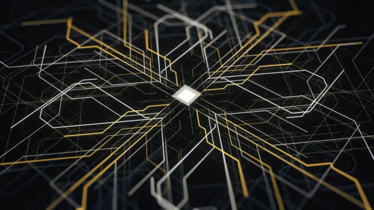 Circuits électroniques lumineux évoquant les systèmes d’IA qui génèrent et marquent les contenus