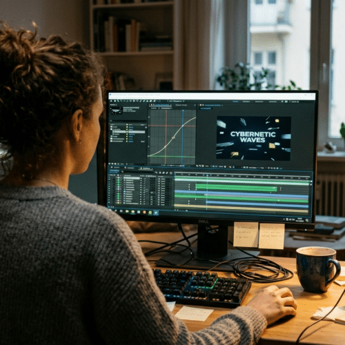 Femme monteuse vidéo travaillant sur double écran