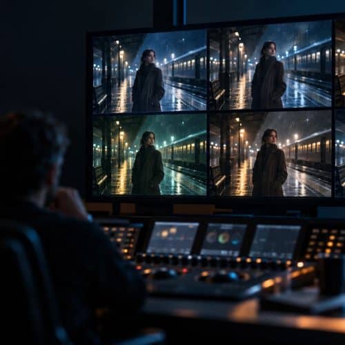 Salle de montage dans la pénombre : un réalisateur compare sur un grand écran six versions d'un même plan généré par IA, une femme sur un quai de gare sous la pluie.