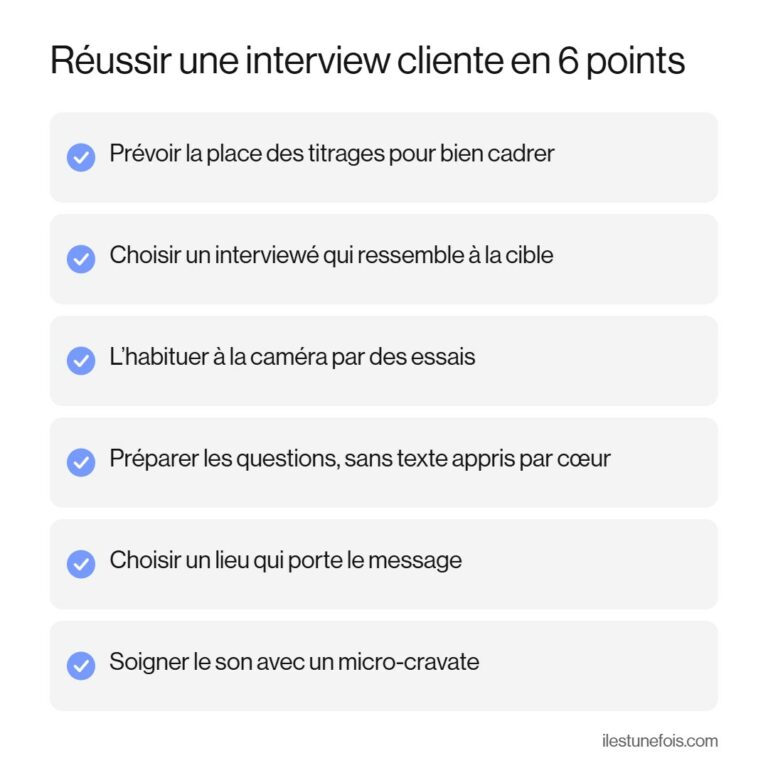 Checklist en 6 points pour réussir une interview cliente : titrages, choix de l’interviewé, essais caméra, préparation, lieu et prise de son